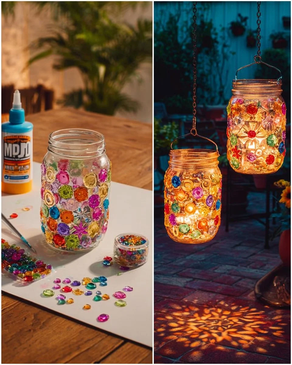 Jeweled Mason Jar Lantern glowing softly in a cozy room