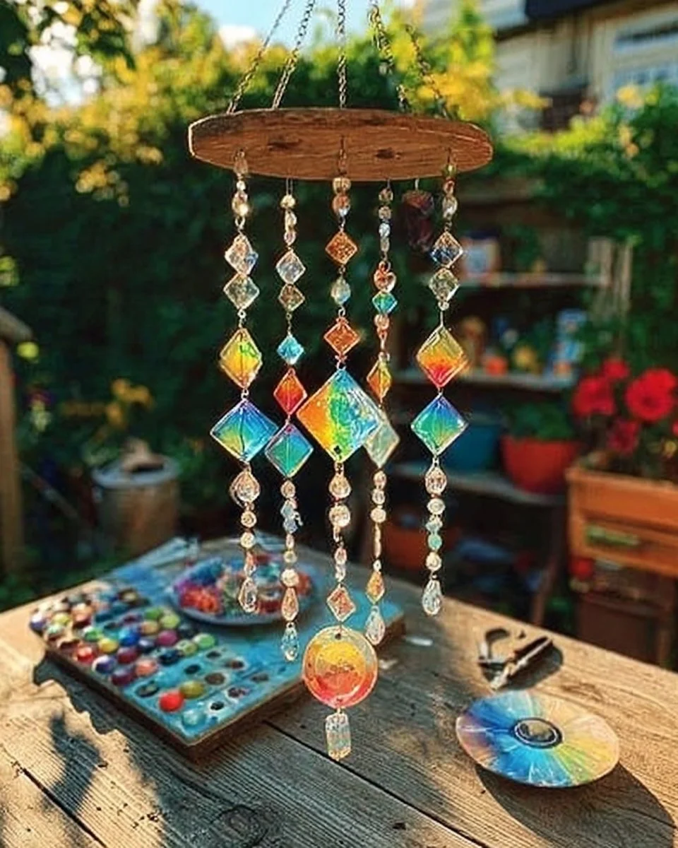 Colorful rainbow wind spinners spinning in a sunny garden