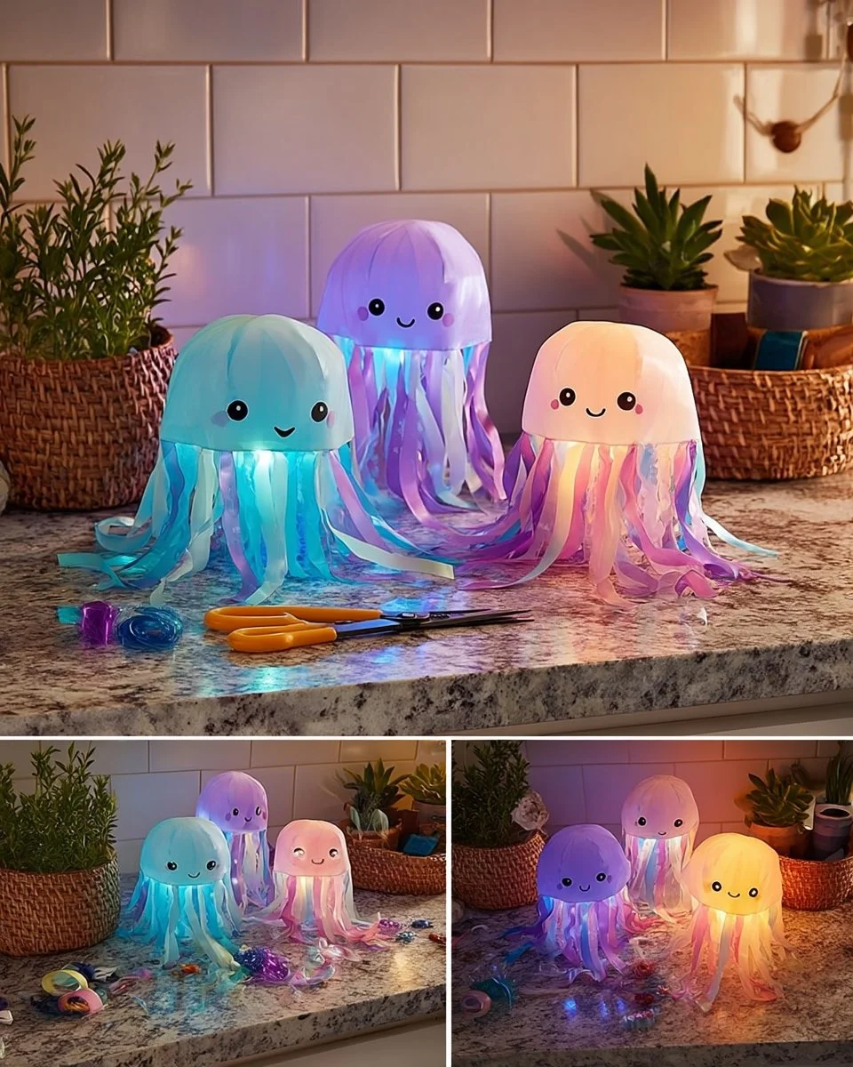 Sparkly jellyfish cup lanterns glowing in various colors for festive occasions