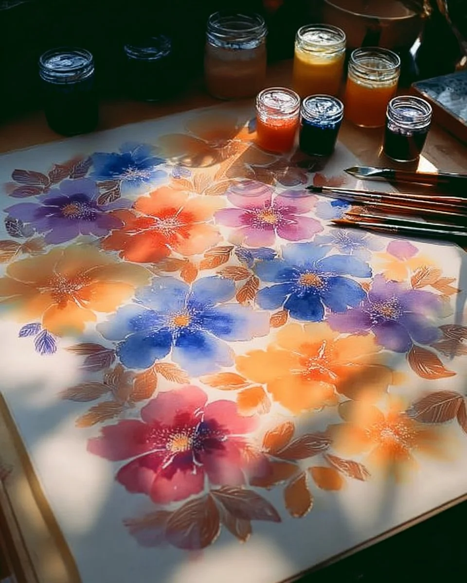 Kids creating colorful art with sugar water painting technique.
