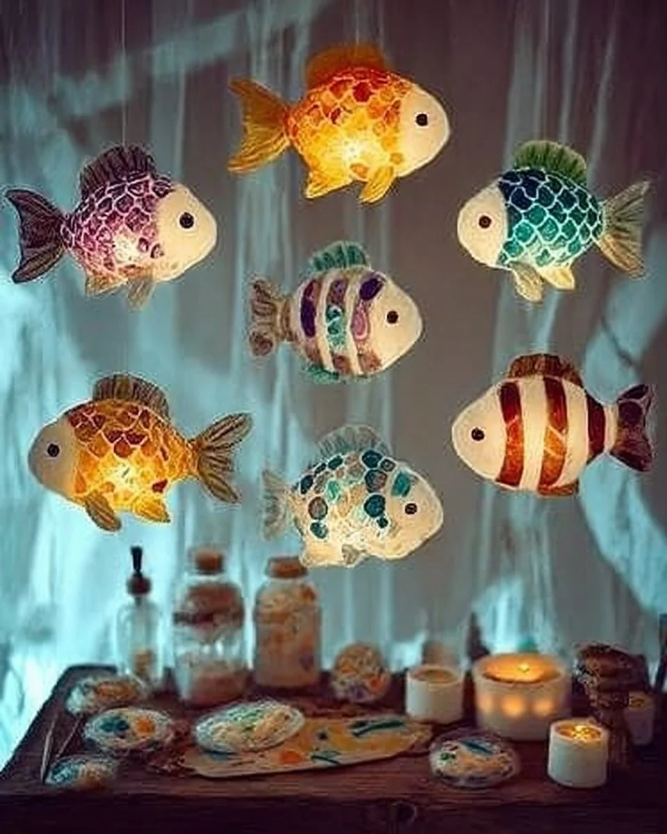 Floating tropical fish lanterns illuminating a serene space