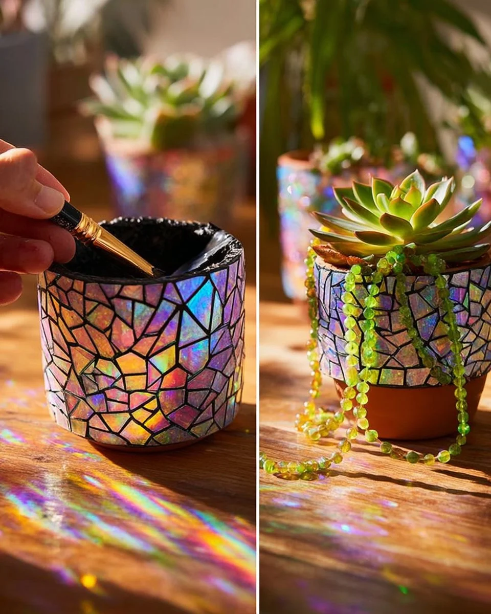 DIY CD mosaic flower pot in a vibrant garden setting
