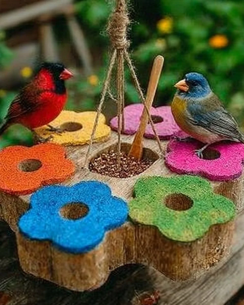 Colorful DIY pool noodle flower bird feeder in a vibrant garden setting