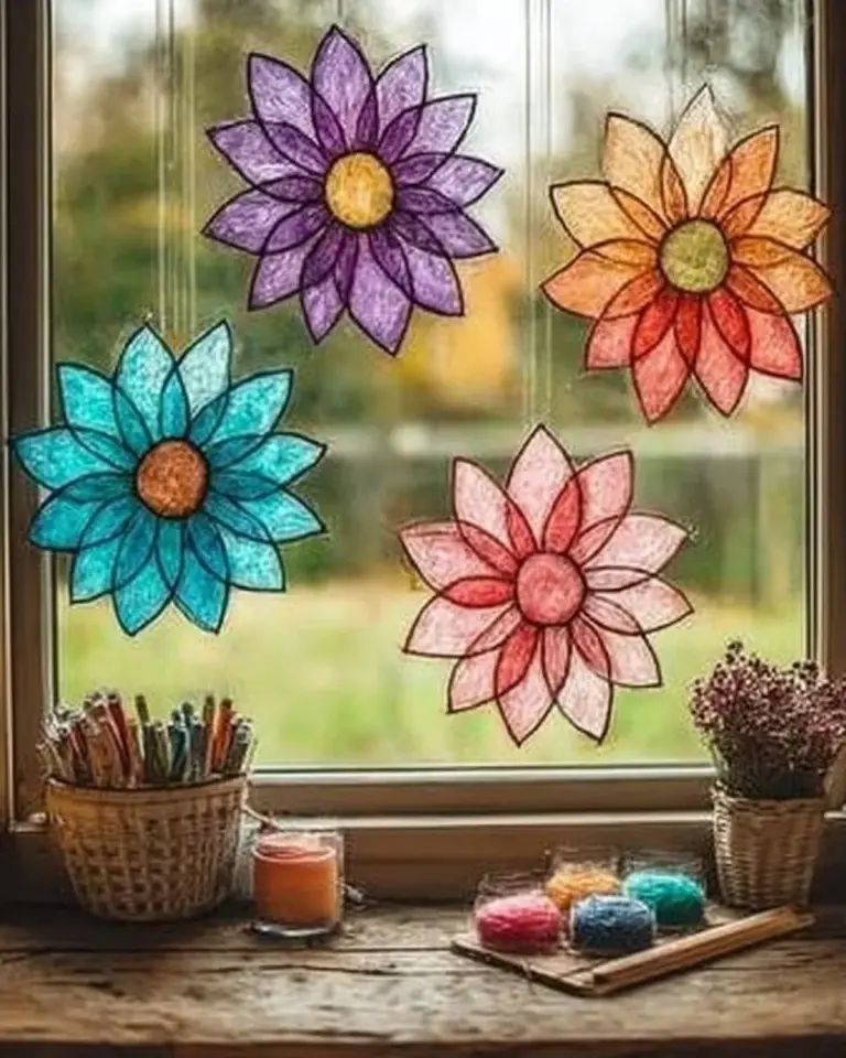 Colorful cardboard tube mosaic flower suncatcher decoration