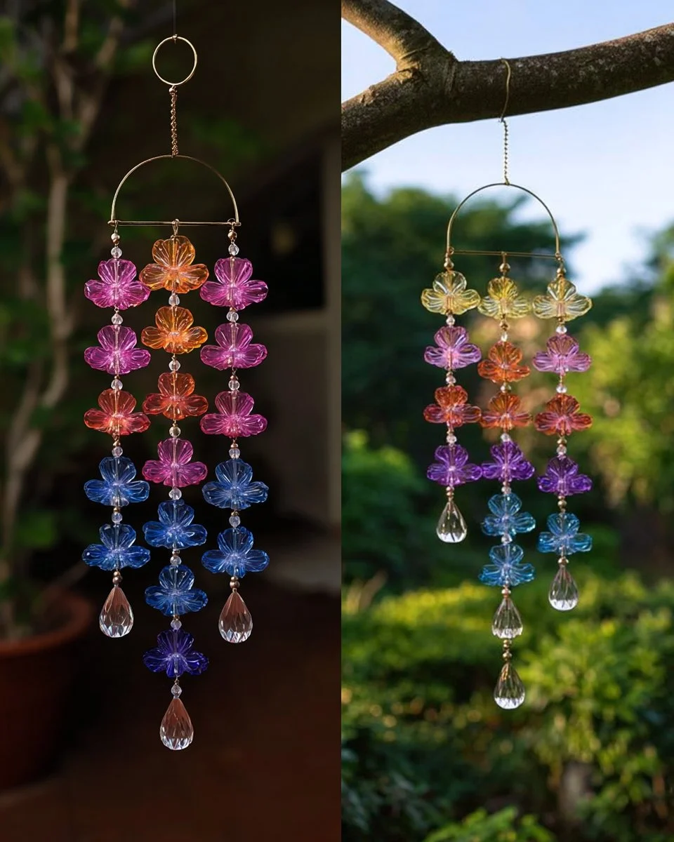 Colorful wind chime made from plastic bottle flowers hung outdoors