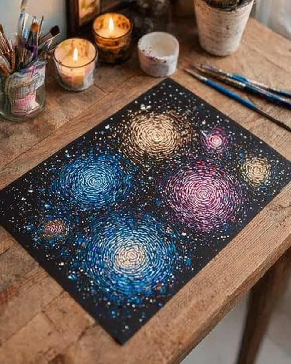 A vibrant cosmic artwork depicting swirling galaxies and stars.