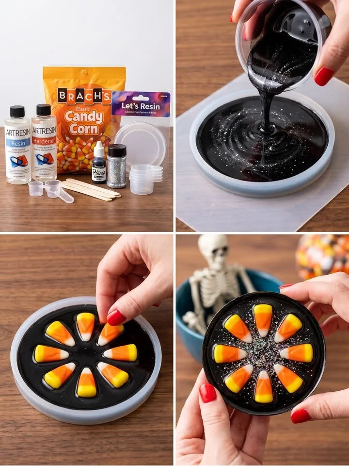 Colorful Candy Corn Resin Coasters for Halloween DIY projects