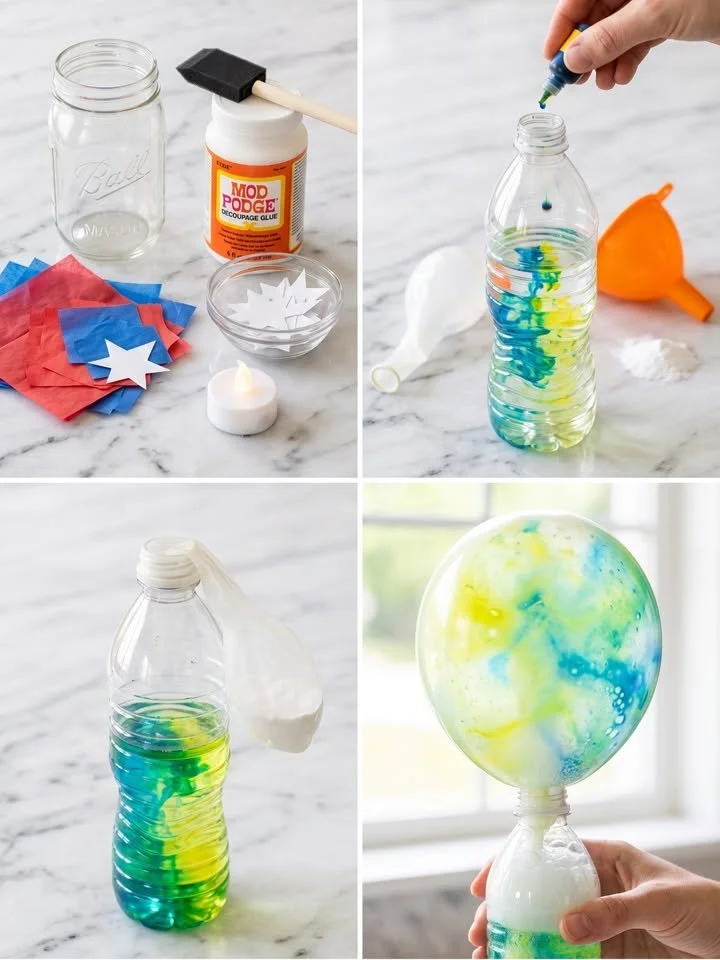 Colorful baking soda experiment inflates balloons with a fun science reaction.