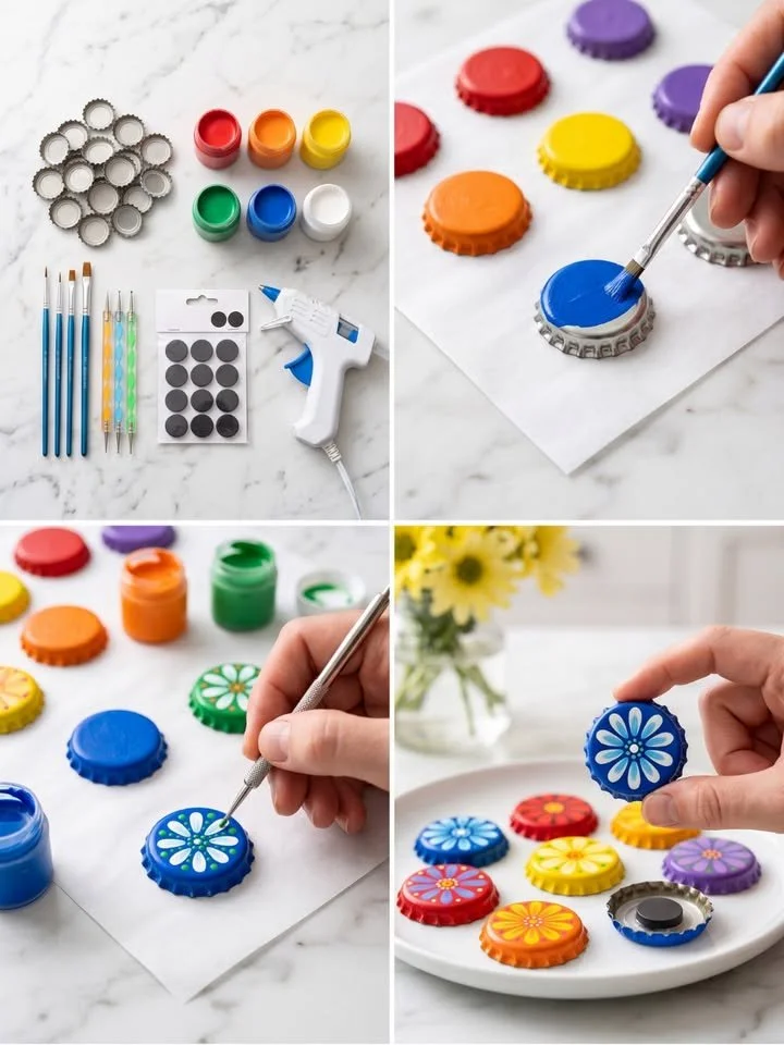 Colorful DIY bottle cap flower magnets for home decor
