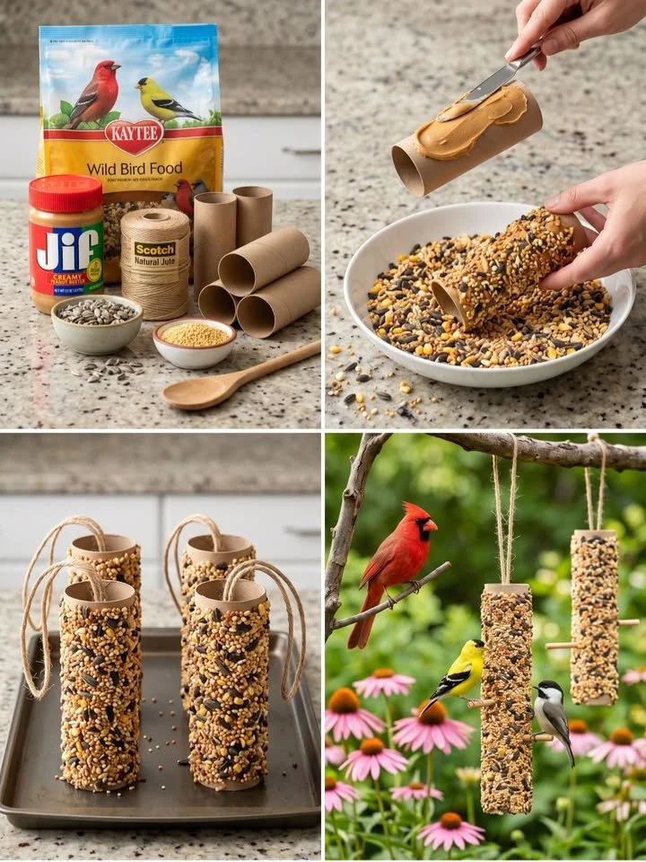 DIY cardboard tube bird feeders attracting local birds in the garden