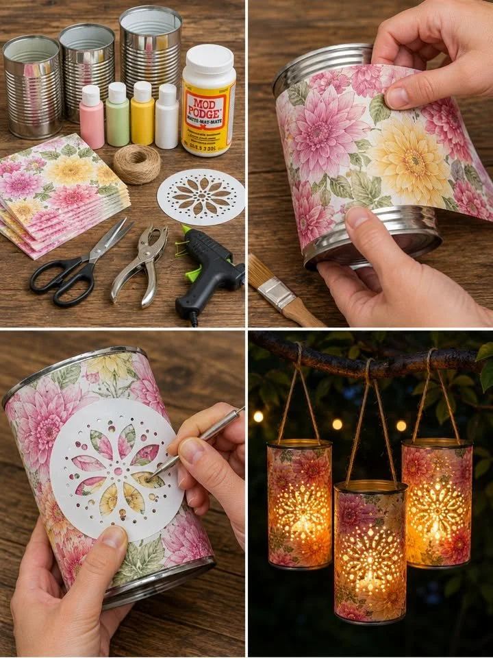 DIY floral tin can lanterns for beautiful home decor.