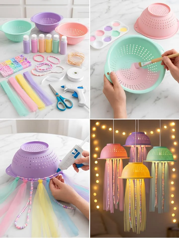 DIY jellyfish lanterns illuminated in a dark setting for a magical ambiance.