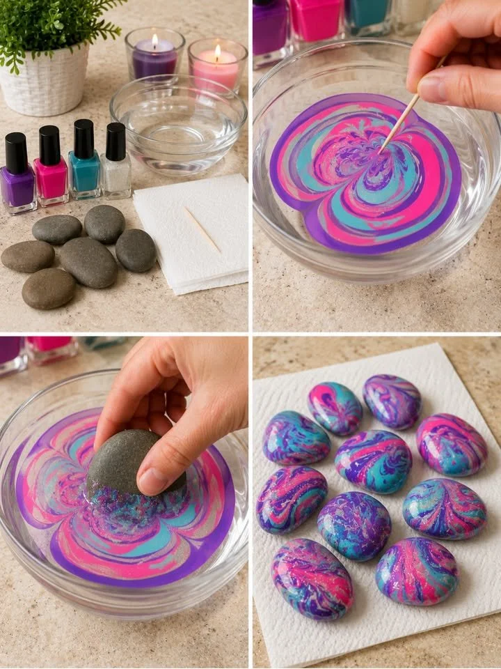 Colorful DIY marbled river stones for garden decoration and crafts