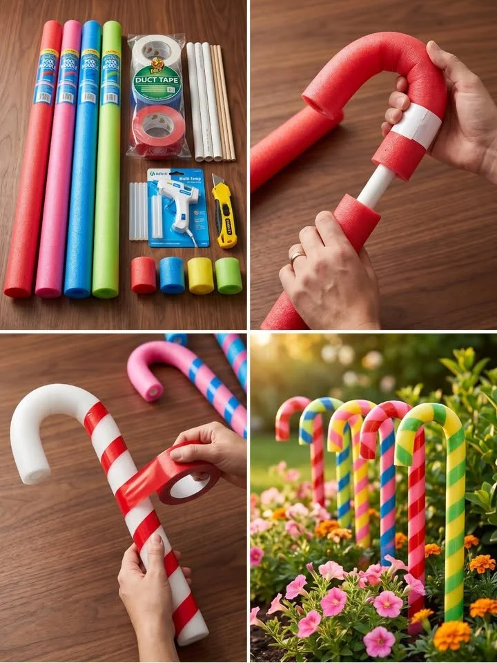 DIY giant garden candy canes made from dollar store pool noodles