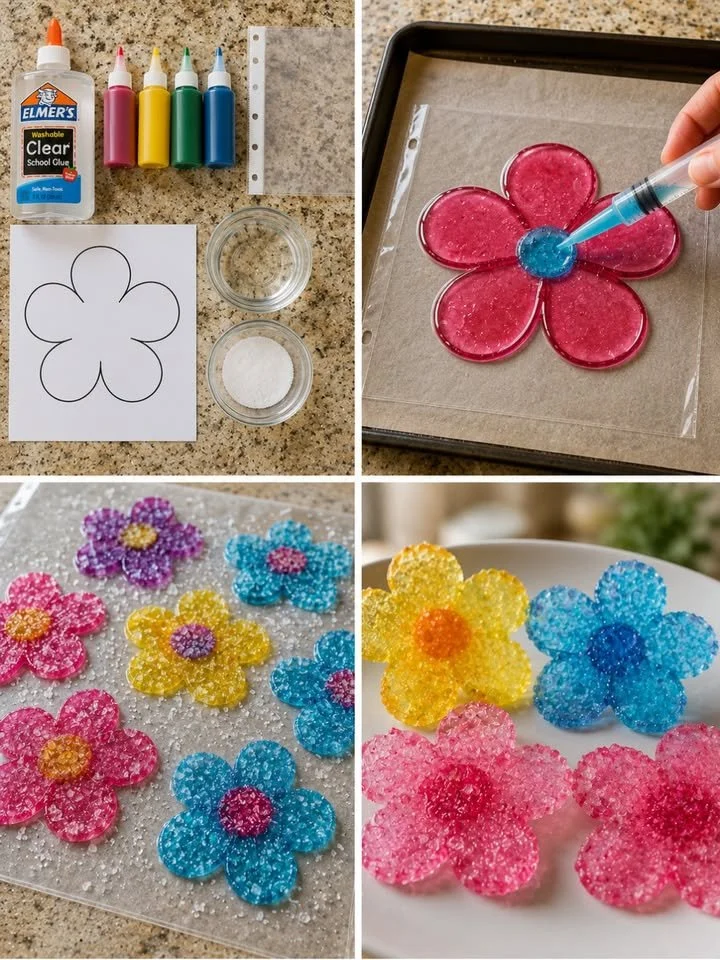 Beautiful faux stained-glass glue flowers in vibrant colors.
