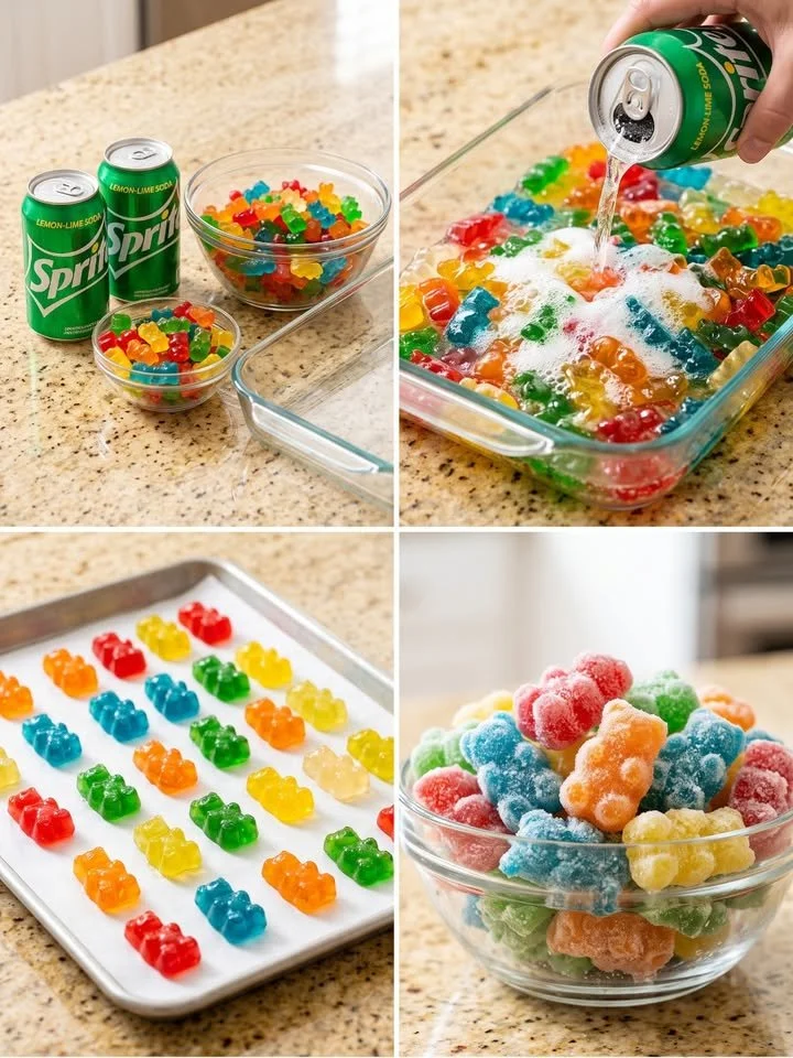 Frozen Sprite Soaked Gummy Bears in a bowl served with a refreshing drink