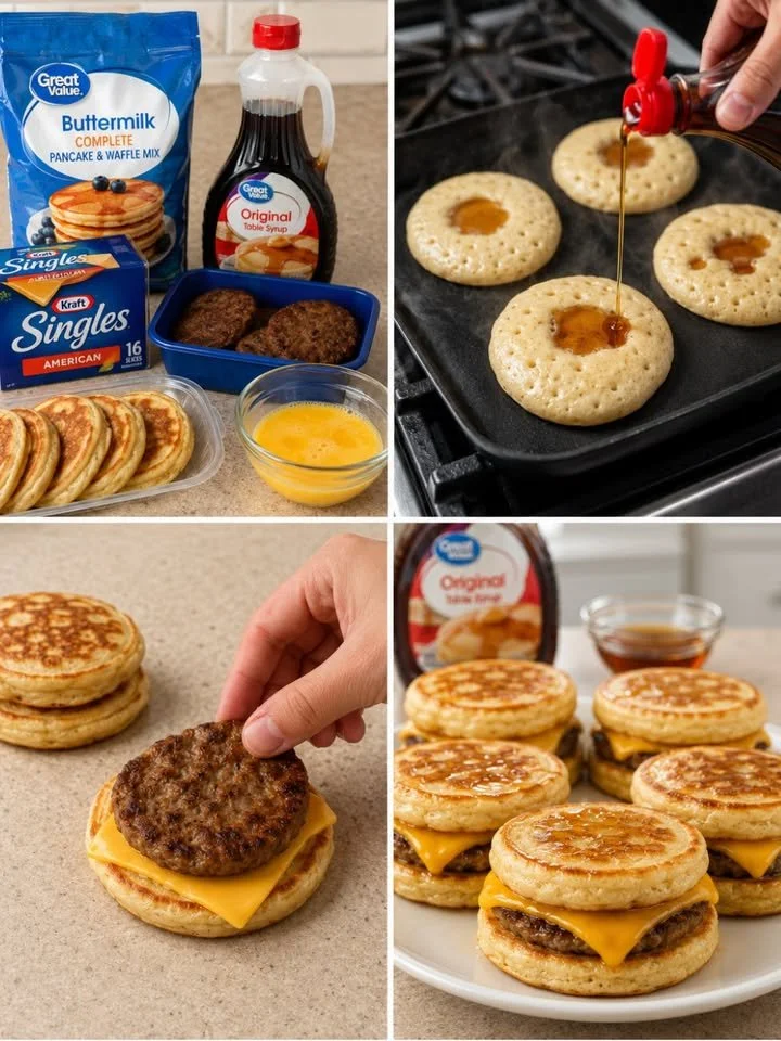 Delicious homemade McGriddle sandwich with syrup-soaked pancakes and sizzling sausage.