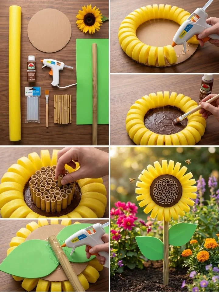 DIY giant sunflower bee hotel made from pool noodles