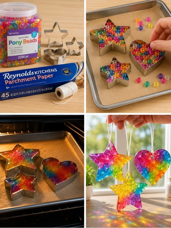 Colorful melting bead suncatchers hanging in a sunlit window