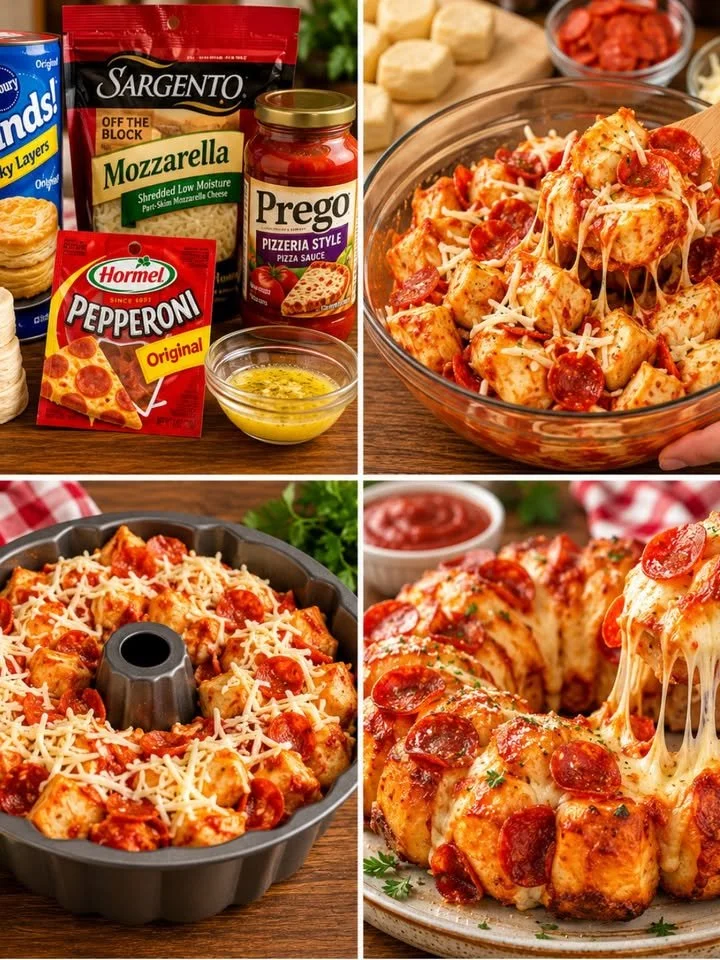 Delicious pizza monkey bread with mozzarella, pepperoni, and pull-apart biscuit pieces