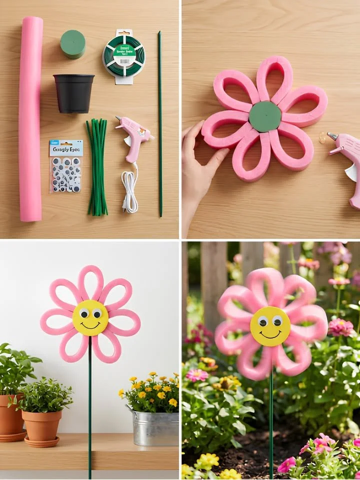Colorful Pool Noodle Flower Garden Spinner decoration for outdoor gardening.