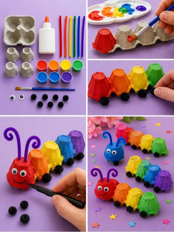 Colorful rainbow egg carton caterpillars for kids' craft project