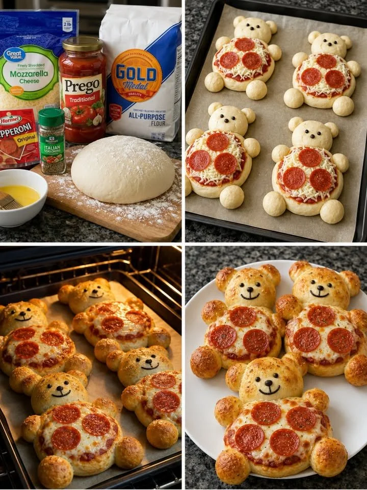 Teddy Bear Pizza Buns shaped like cute teddy bears, perfect for kids' parties.