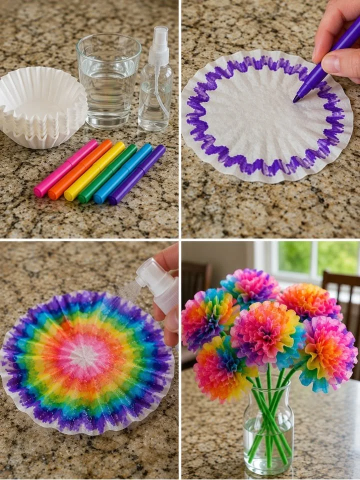 Colorful tie-dye coffee filter flowers in various hues sprouting from a vase.