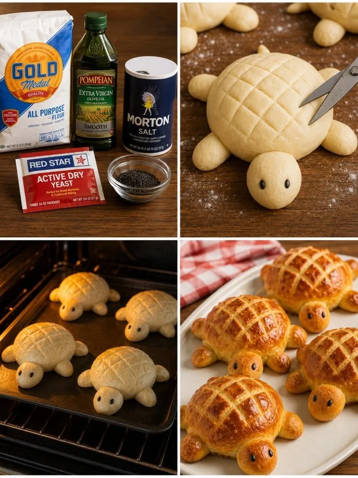 Turtle-shaped bread rolls freshly baked and ready to serve.