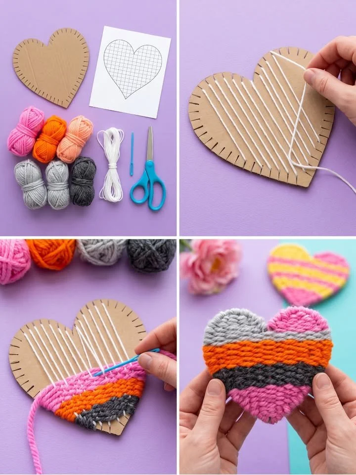 Colorful woven yarn cardboard heart craft project for creative DIY.